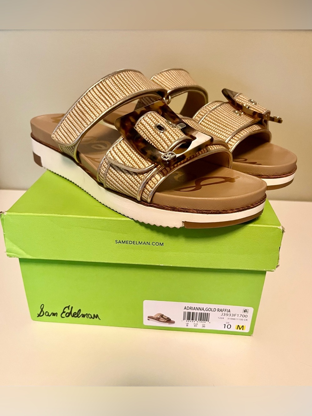 Sam Edelman Adrianna Gold Raffia Slides with Tortoiseshell Buckles - Picture 5 of 5